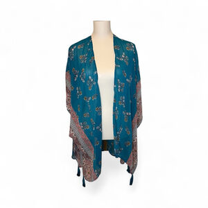 Women's Teal Peach Gold Floral Kimono with Tassels M Lace Open Cardigan